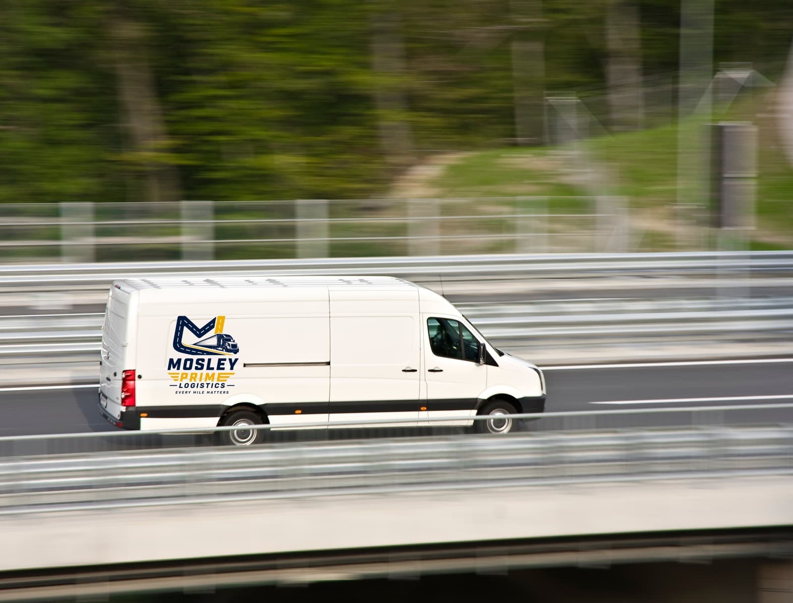 Mosley Prime Logistics branded Sprinter van in motion